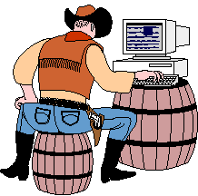 A cowboy sitting on a barrel, typing away at an old fassioned desktop computer.