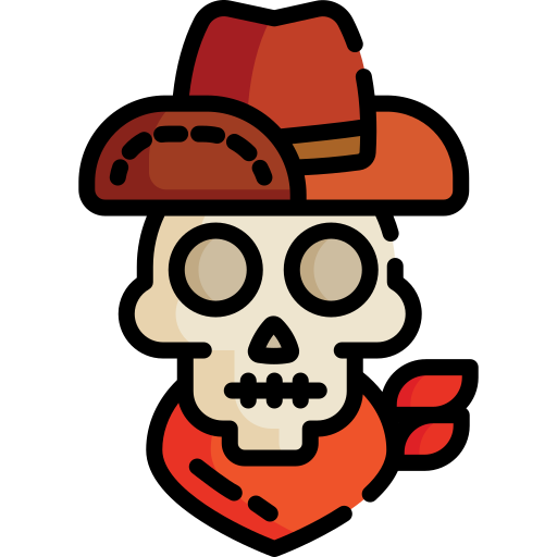Cartoon skull wearing a dark-brown cowboy hat and red bandana.